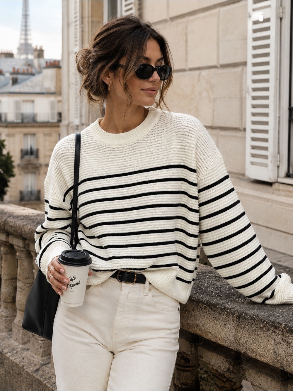 MIROH Striped Chunky Knit Sweater Cream Black Oversized Pullover M